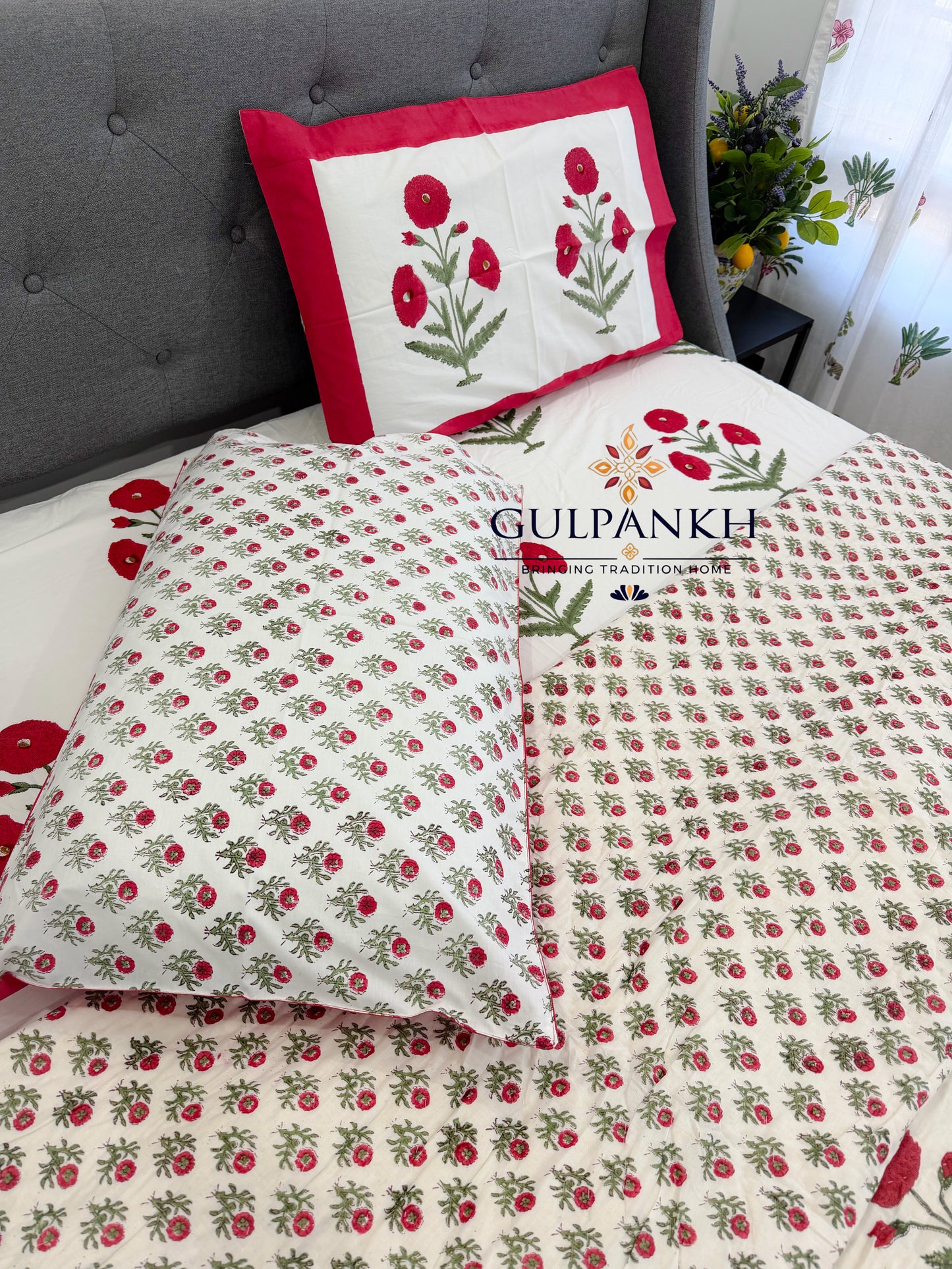 Hand Block Printed Cotton Bedding Set with Quilt - Red Poppy Gulzar | Gulpankh Canada