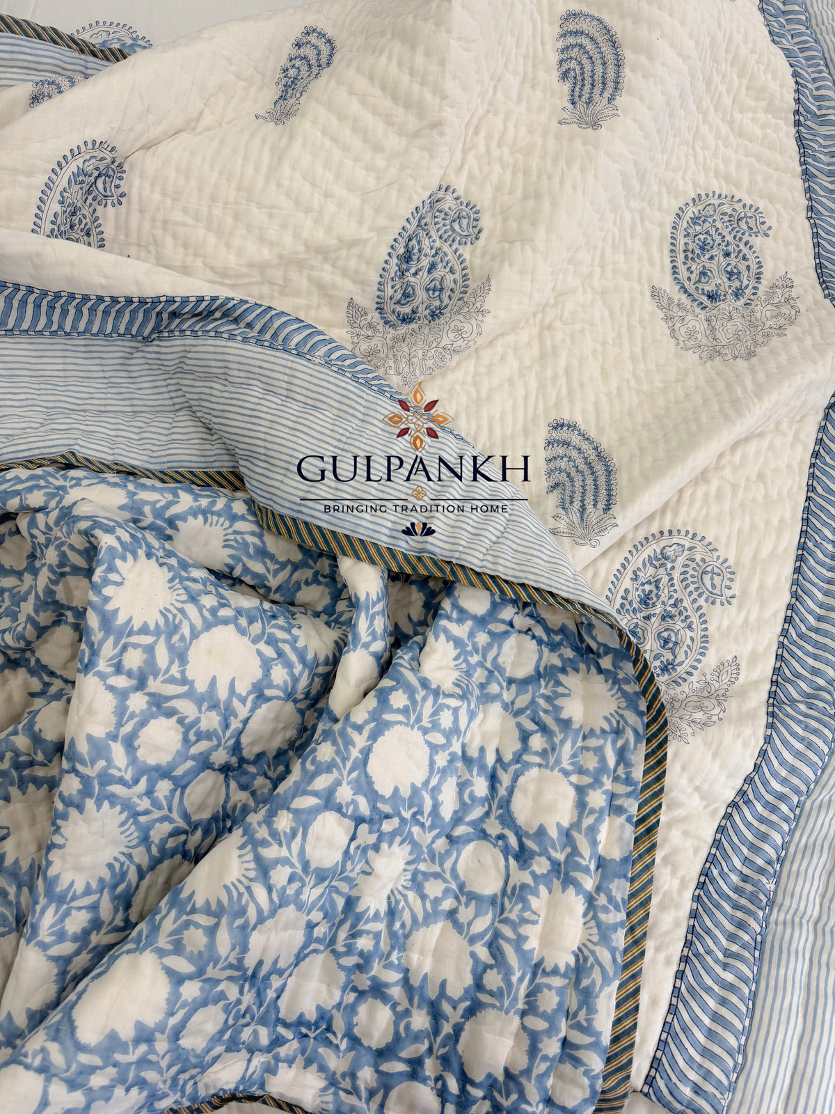 Hand Block Printed Cotton Quilt - Indigo Saaz | Gulpankh Canada