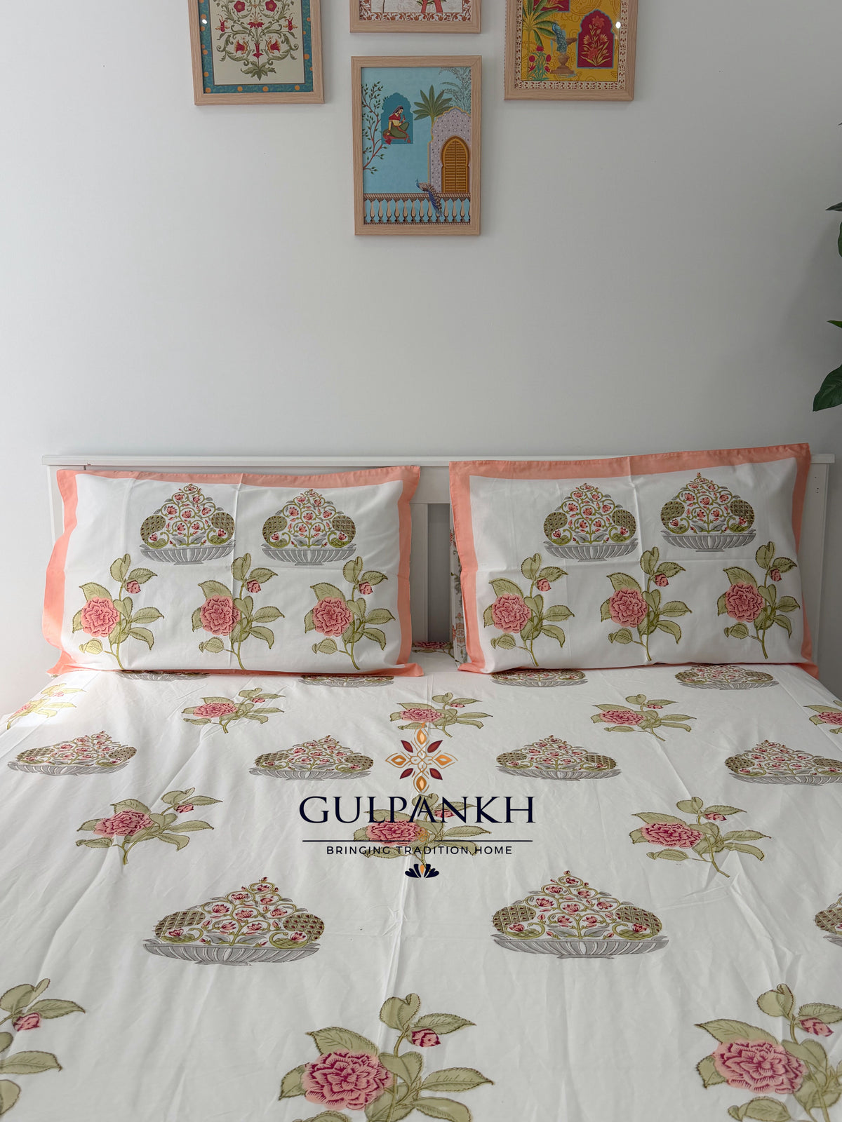 Hand Block Printed 100% Cotton King Fitted Bedsheet - Gulnaar Peach Garden | Gulpankh Canada