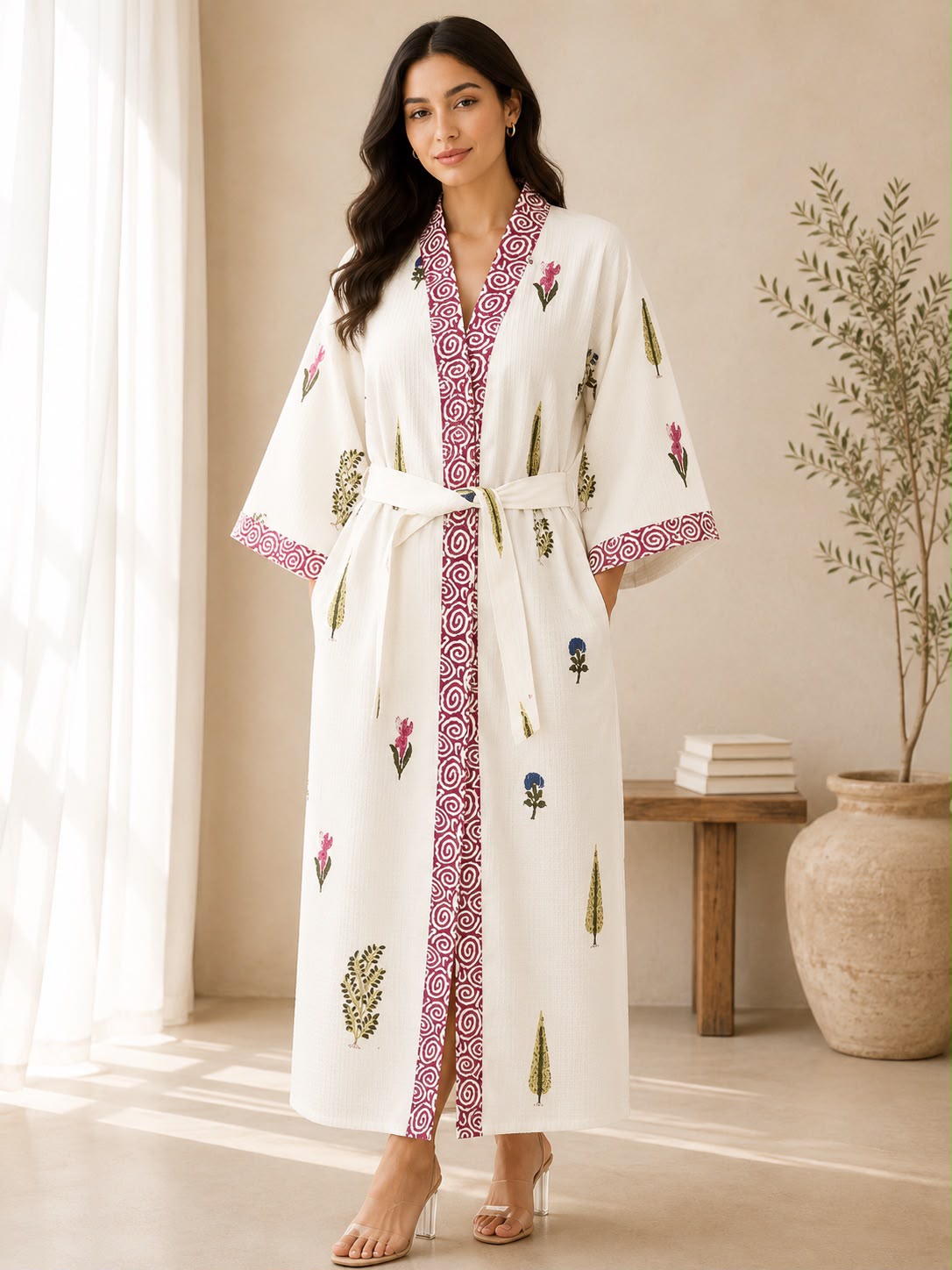 Phoolkari Blush Hand Block Printed Waffle Cotton Bathrobe – Cotton Spa Robe | Gulpankh Canada