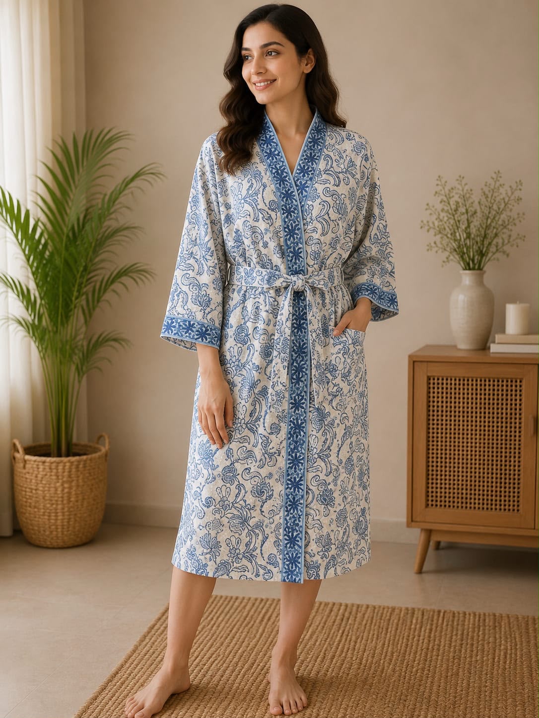 Indigo Blossom Hand Block Printed Waffle Cotton Bathrobe – Cotton Spa Robe | Gulpankh Canada