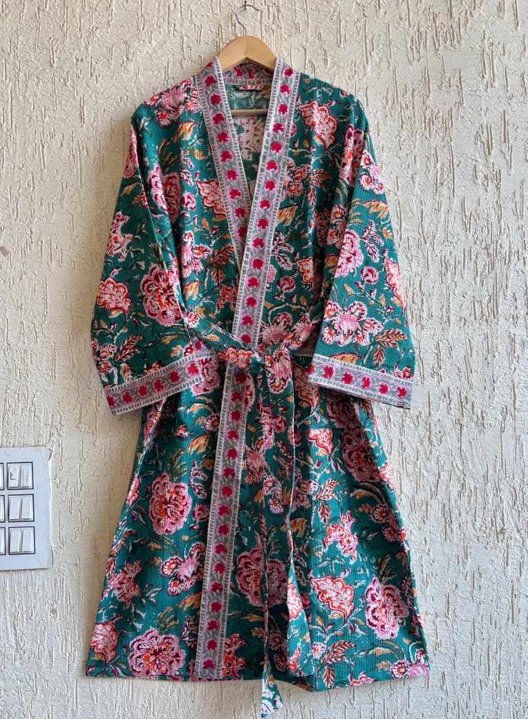 Gulnaar Bloom Hand Block Printed Waffle Cotton Bathrobe – Cotton Spa Robe | Gulpankh Canada