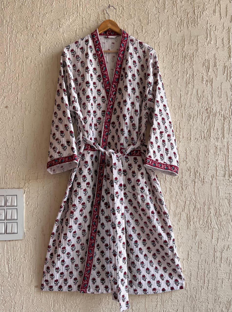 Gulab Pichwai Hand Block Printed Waffle Cotton Bathrobe – Cotton Spa Robe | Gulpankh Canada