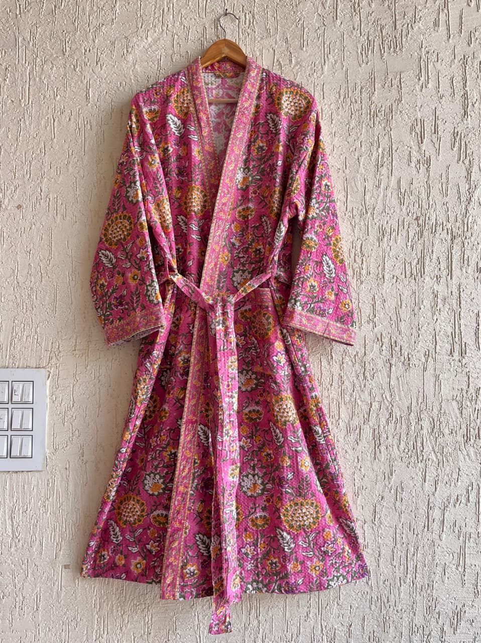 Gulabi Pichwai Hand Block Printed Waffle Cotton Bathrobe – Cotton Spa Robe | Gulpankh Canada