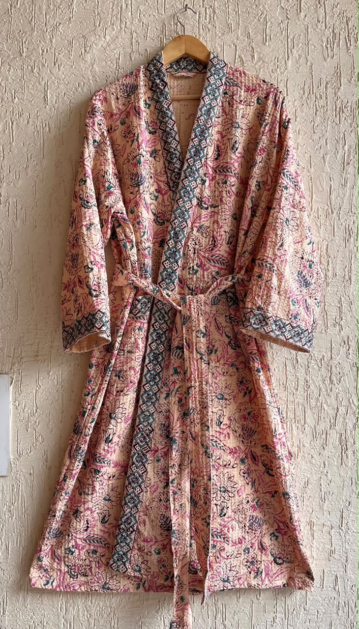 Noor-e-Gul Hand Block Printed Waffle Cotton Bathrobe – Cotton Spa Robe | Gulpankh Canada
