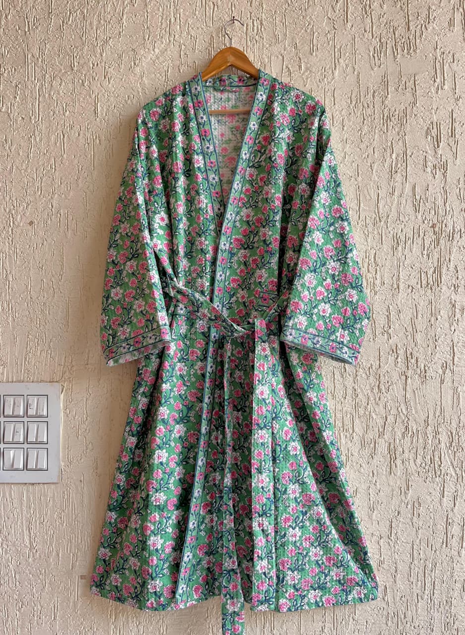 Indigo Vine Hand Block Printed Waffle Cotton Bathrobe – Cotton Spa Robe | Gulpankh Canada