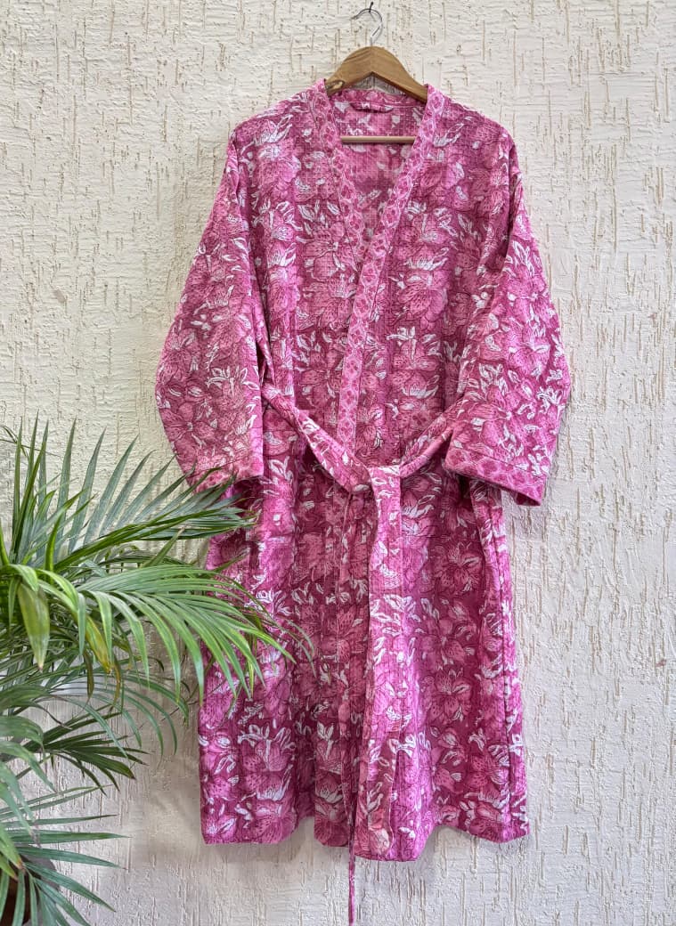 Gulabi Hand Block Printed Waffle Cotton Bathrobe – Cotton Spa Robe | Gulpankh Canada