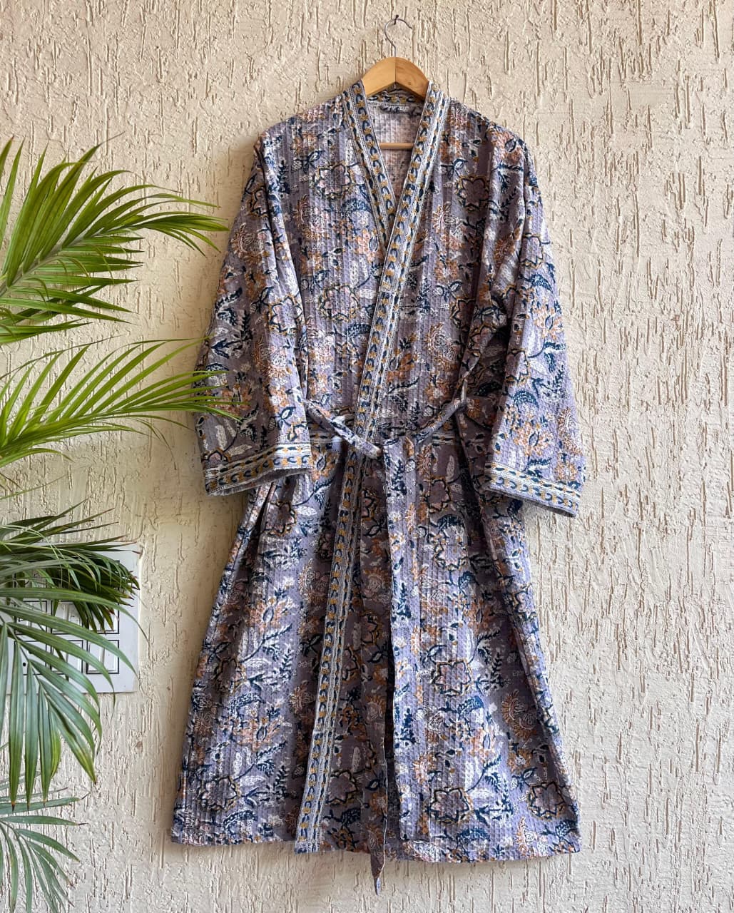 Rosewood Bloom Hand Block Printed Waffle Cotton Bathrobe – Cotton Spa Robe | Gulpankh Canada