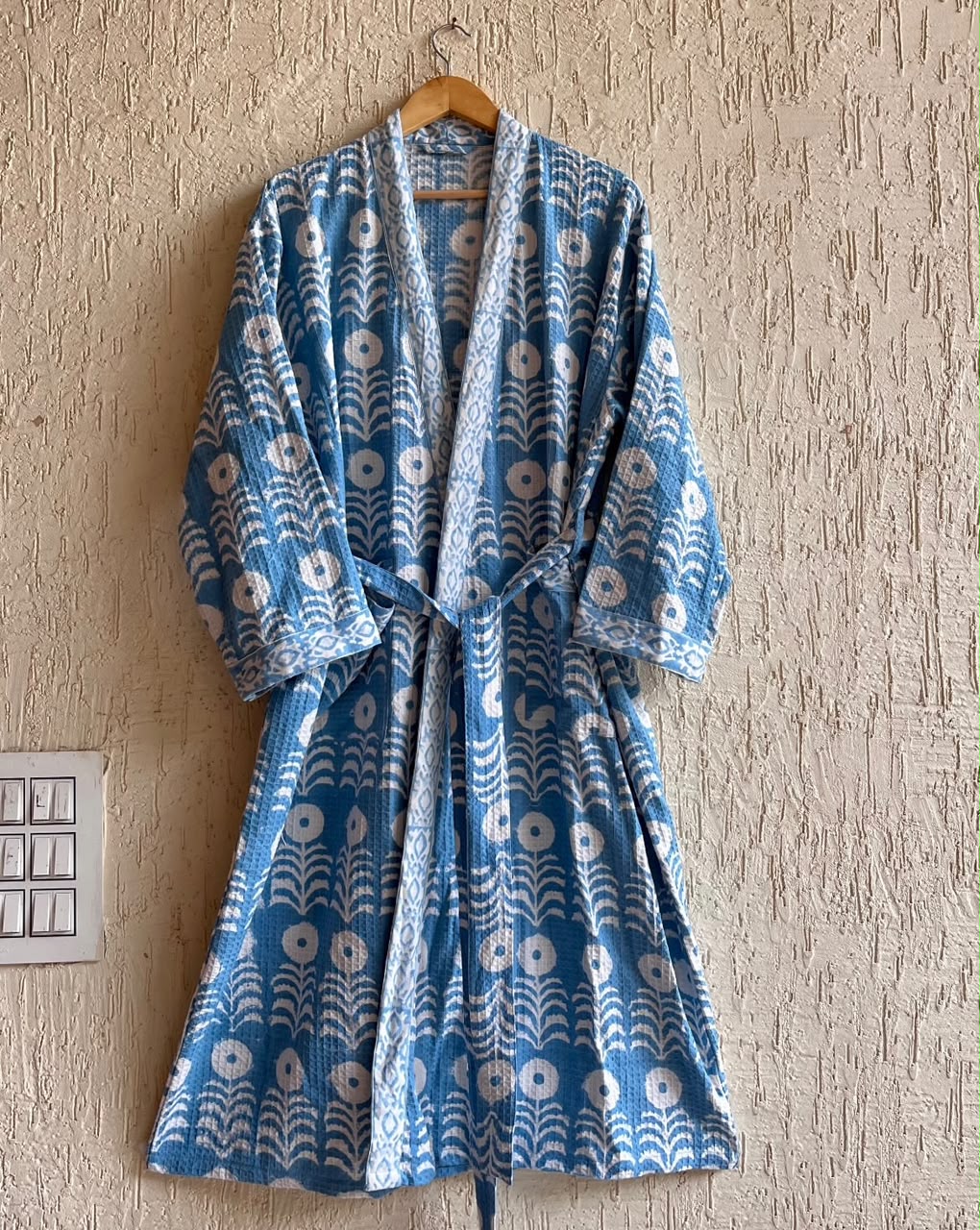 Firoza Pichwai Hand Block Printed Waffle Cotton Bathrobe – Cotton Spa Robe | Gulpankh Canada