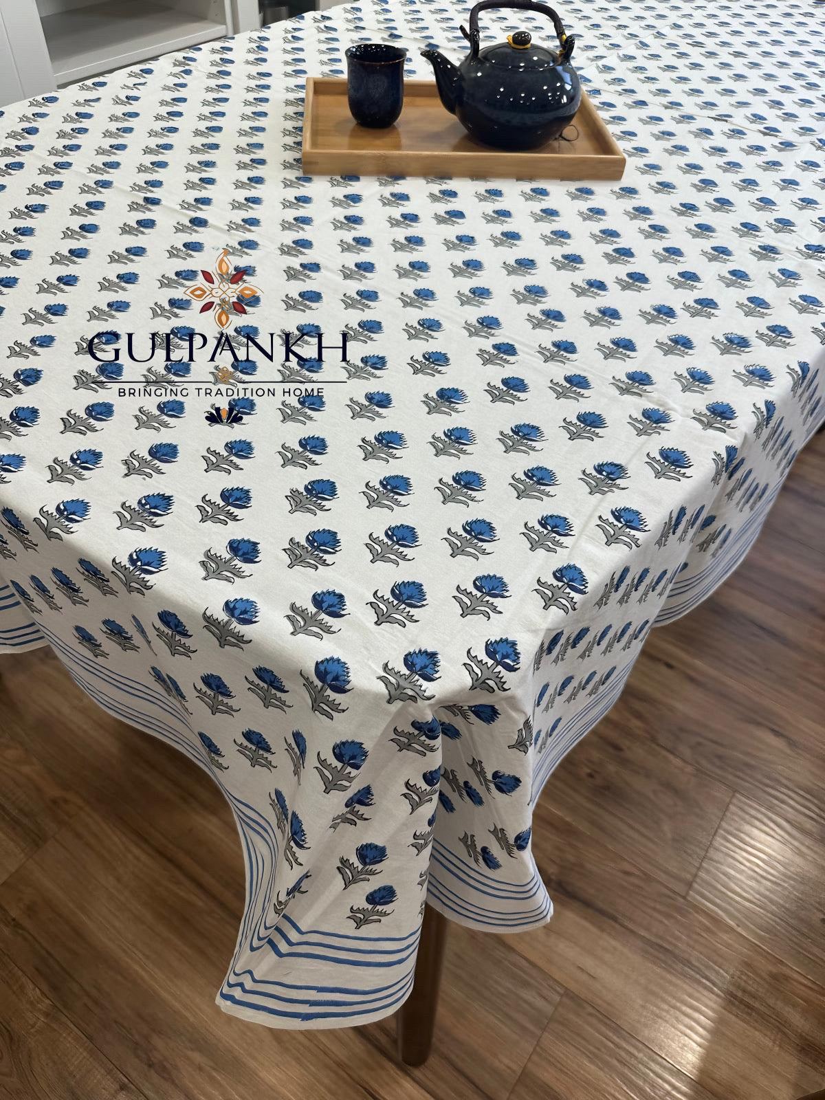 Indigo Buta Hand Block Printed Cotton Tablecloth | Gulpankh Canada