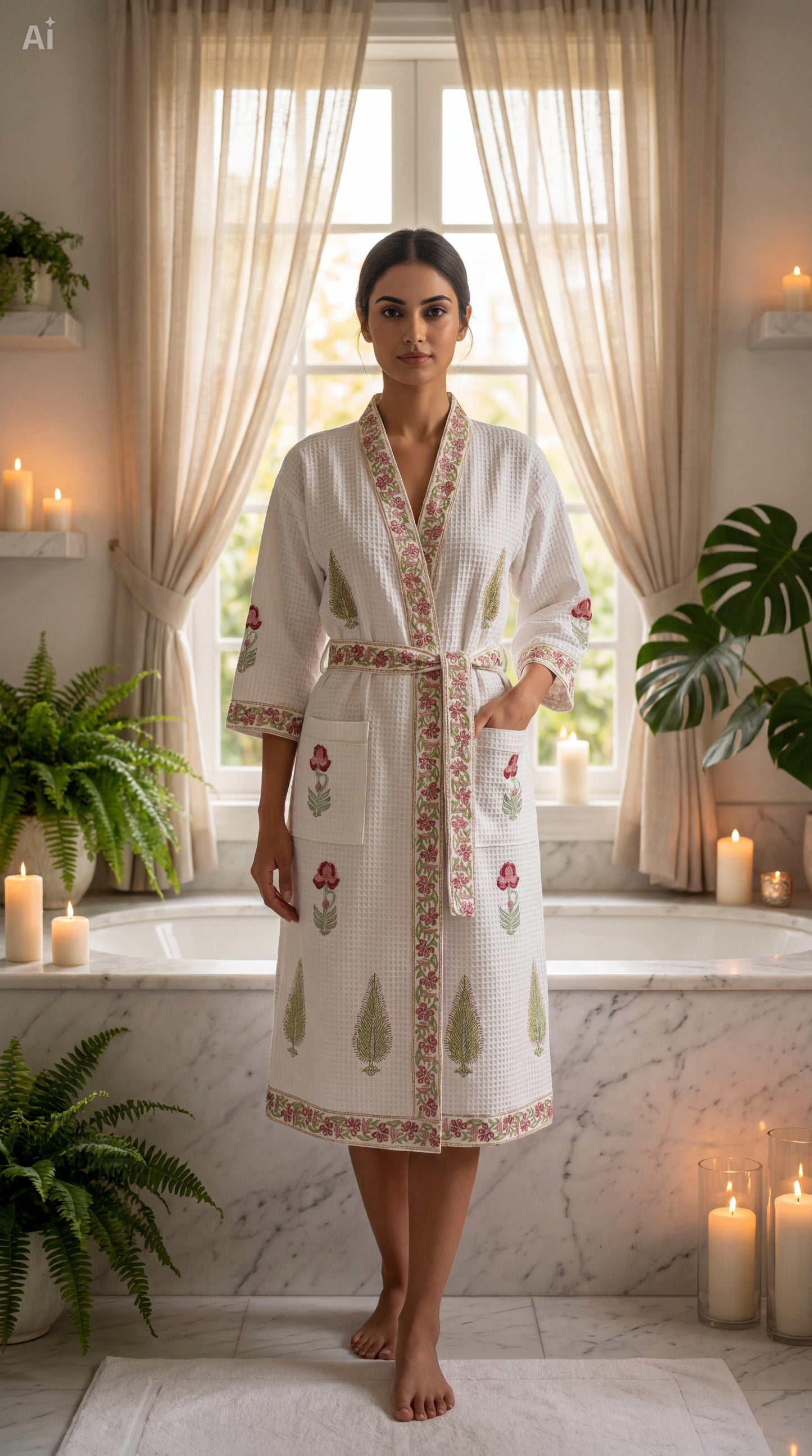 Noor-e-Gul Hand Block Printed Waffle Cotton Bathrobe – Cotton Spa Robe | Gulpankh Canada