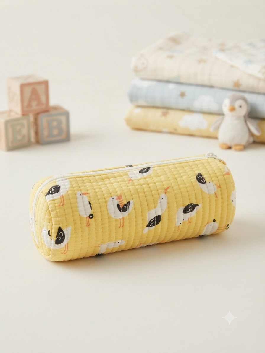 Hand Block Printed Quilted Cotton Pencil Pouch – Sunny Seagull | Gulpankh Canada