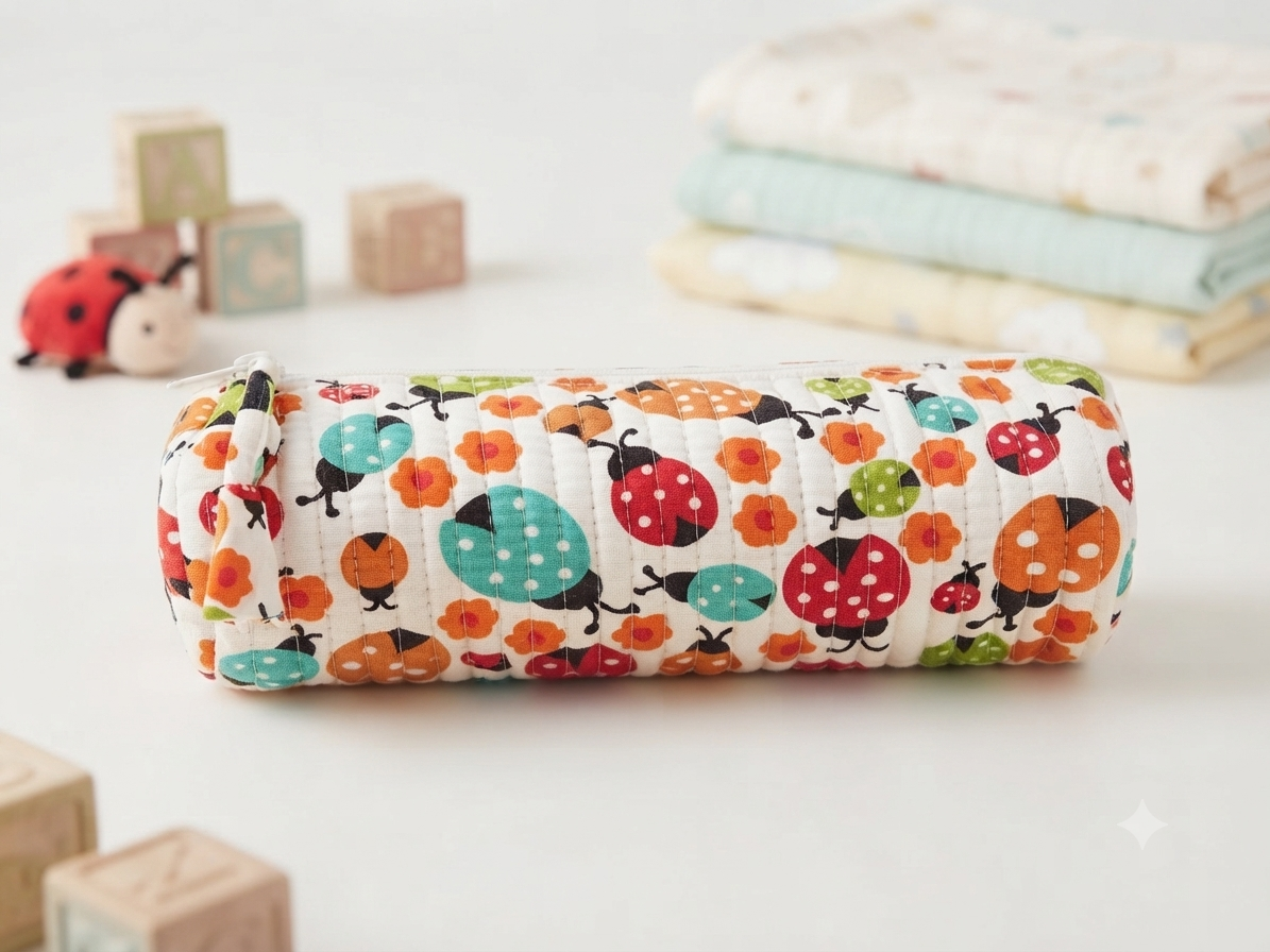 Hand Block Printed Quilted Cotton Pencil Pouch – Ladybug Garden | Gulpankh Canada