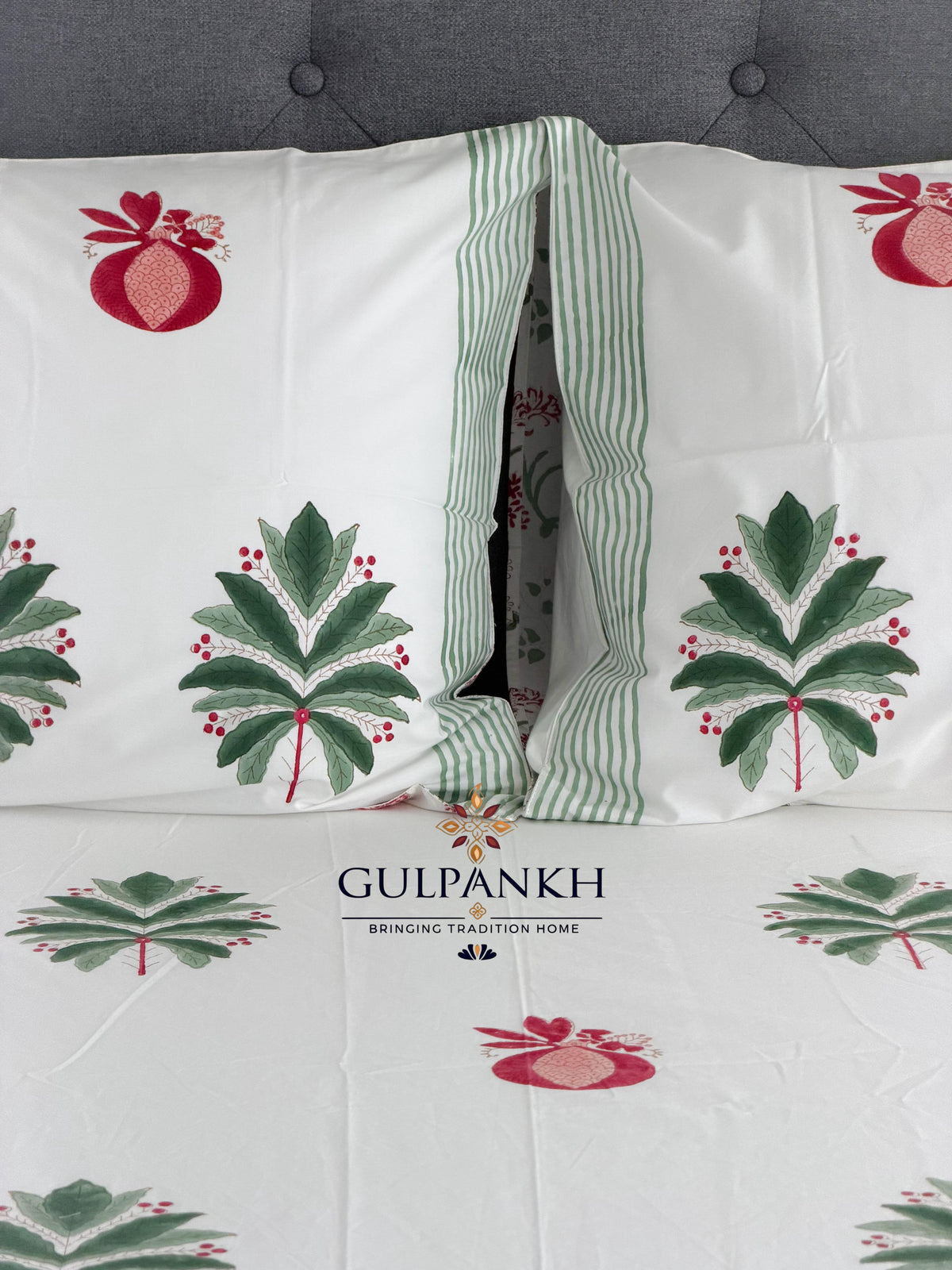 Hand Block Printed 100% Cotton Queen Fitted Bedsheet - Pomegranate Grove | Gulpankh Canada