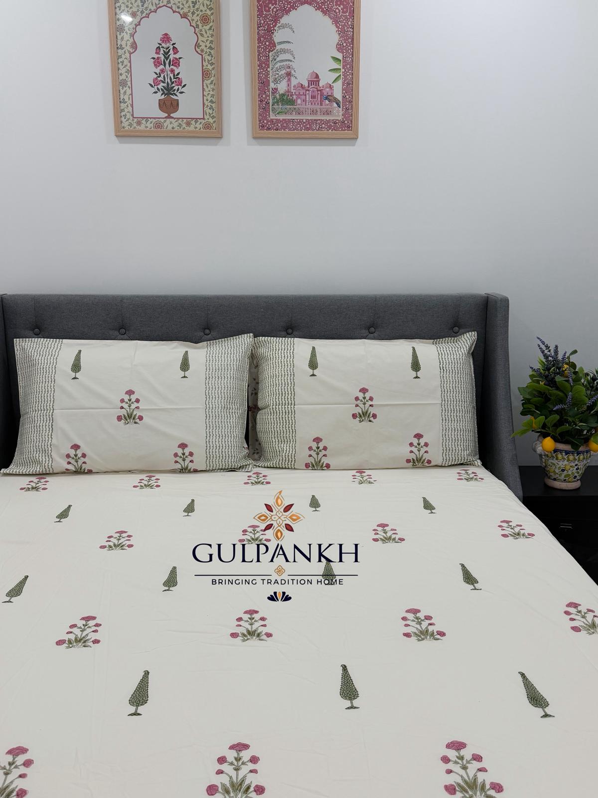 Hand Block Printed King Fitted Bedsheet - Gulnaar Cypress Bloom | Gulpankh Canada