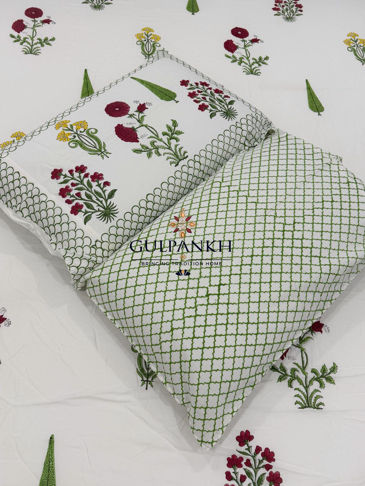 Hand Block Printed King Fitted Bedsheet - Firdaus Floral Garden | Gulpankh Canada