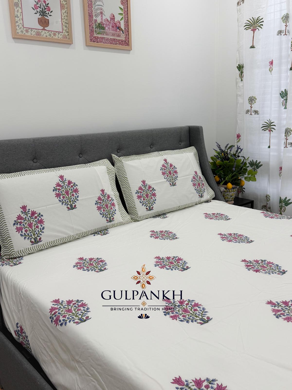Hand Block Printed Queen Fitted Bedsheet - Pink Meadow Buta | Gulpankh Canada