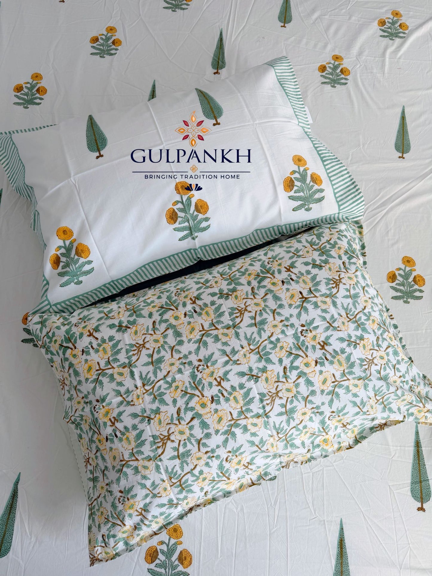 Hand Block Printed Queen Fitted Bedsheet - Marigold Cypress Meadow | Gulpankh Canada