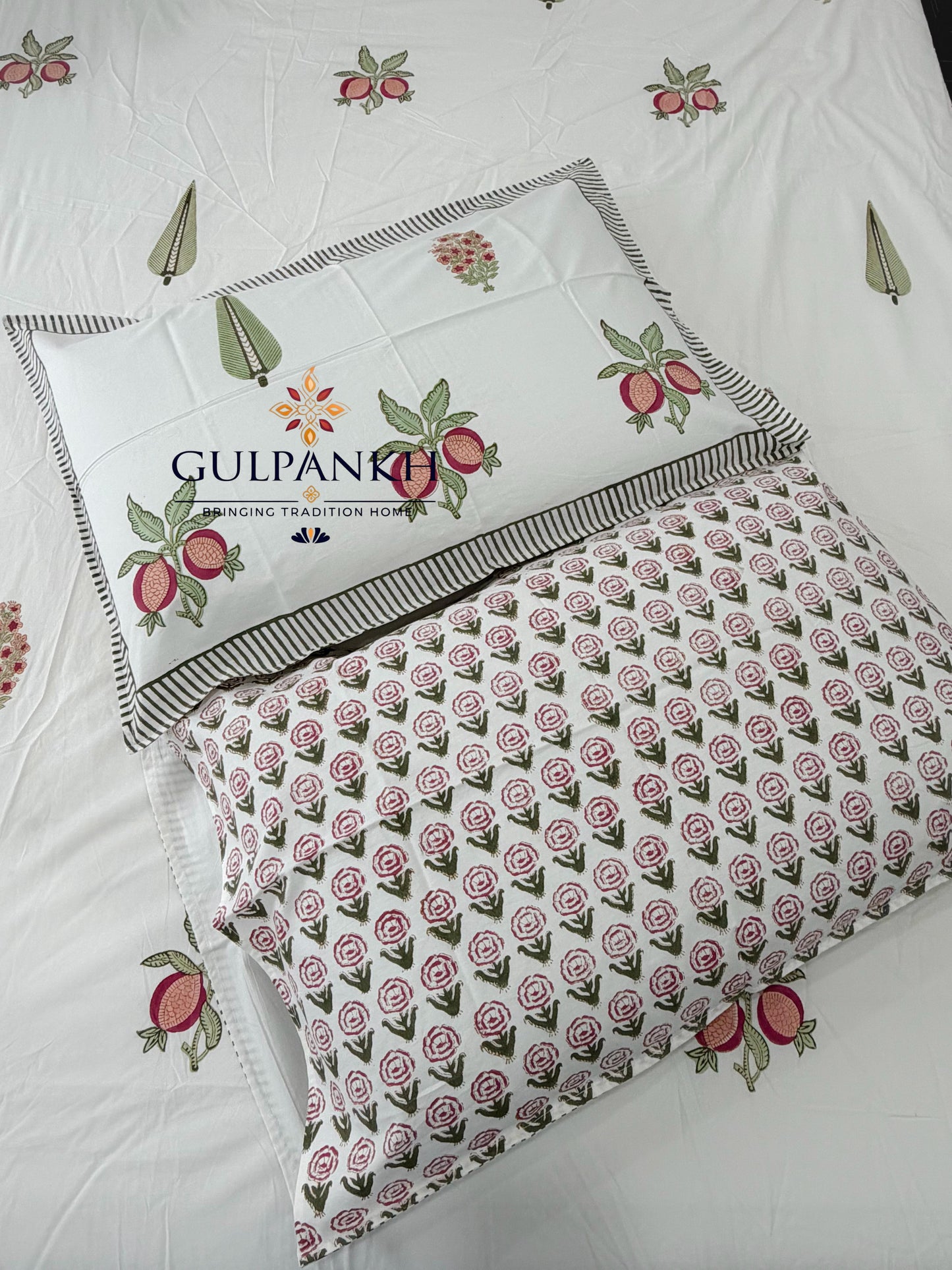 Hand Block Printed Queen Fitted Bedsheet - Anar Vatika Bloom | Gulpankh Canada
