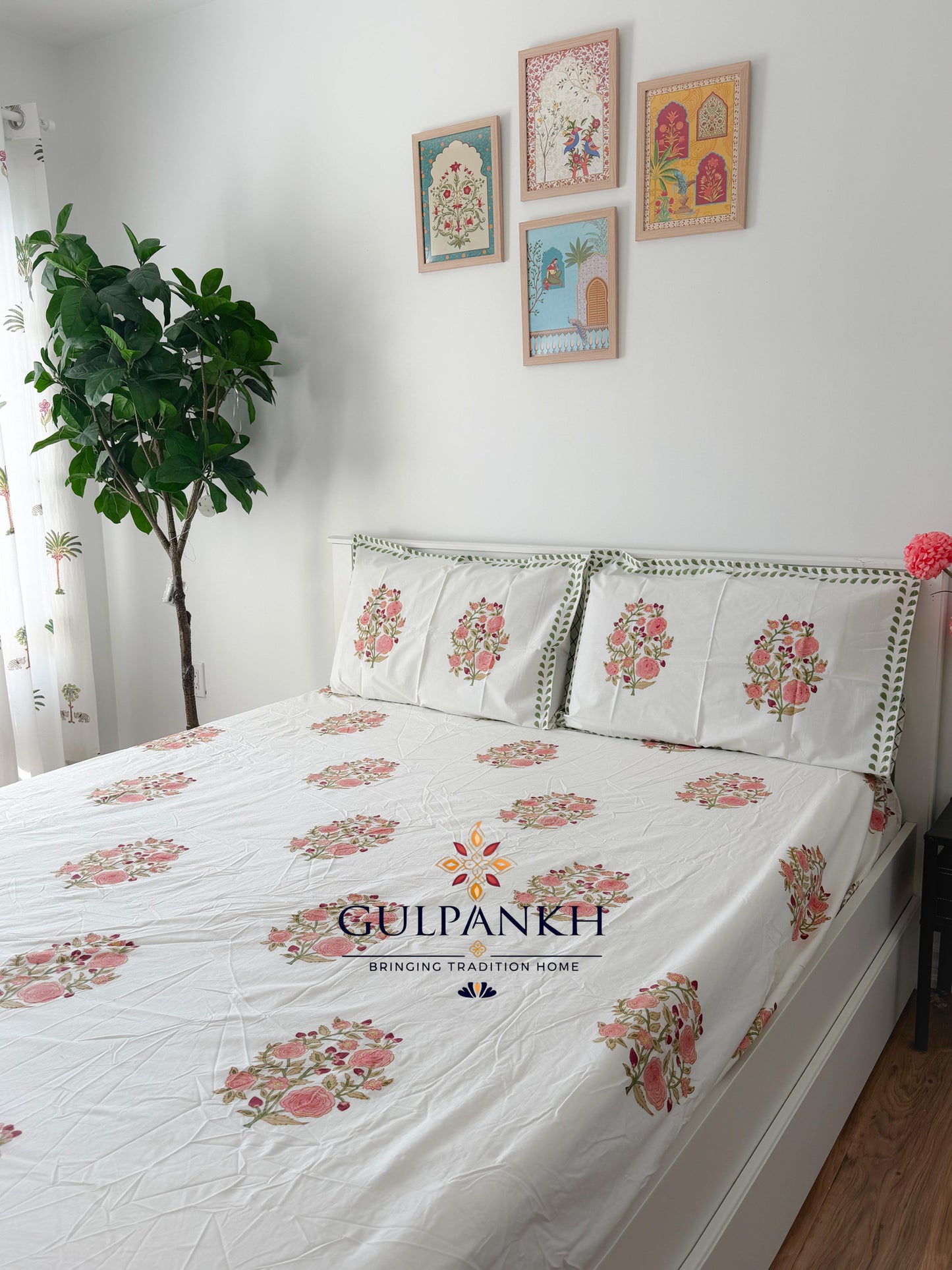 Hand Block Printed Queen Fitted Bedsheet - Gulab Rosette Garden | Gulpankh Canada