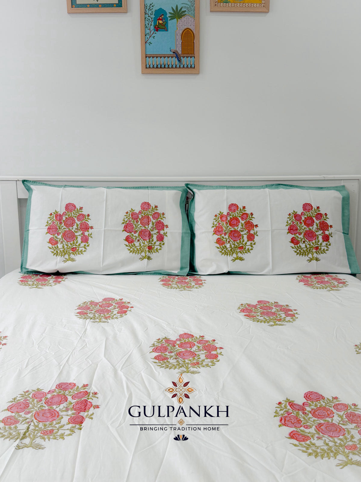 Hand Block Printed 100% Cotton Queen Fitted Bedsheet - Rose Mint Bloom | Gulpankh Canada