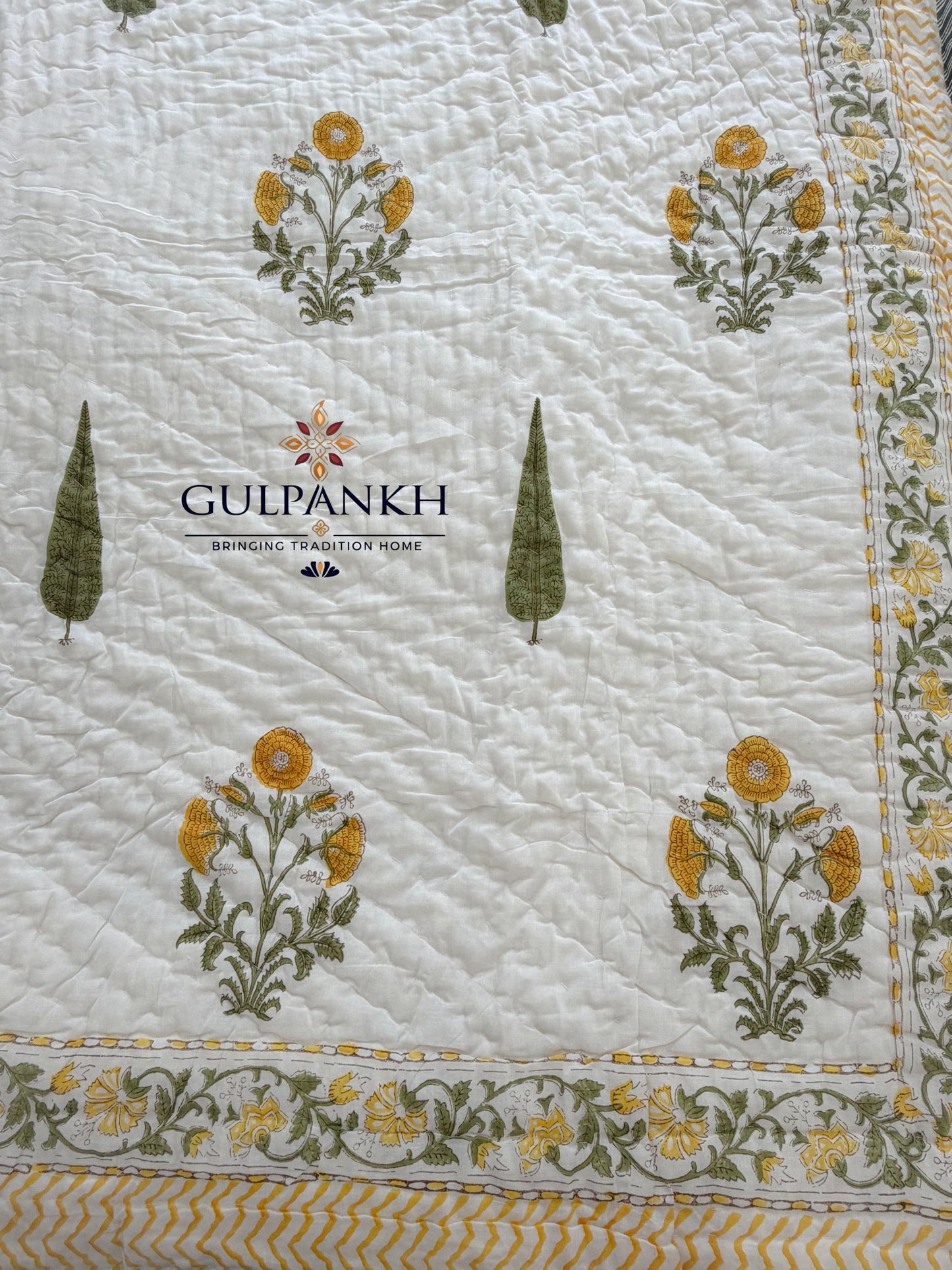 Hand Block Printed Cotton Quilt - Marigold Cypress Meadow | Gulpankh Canada