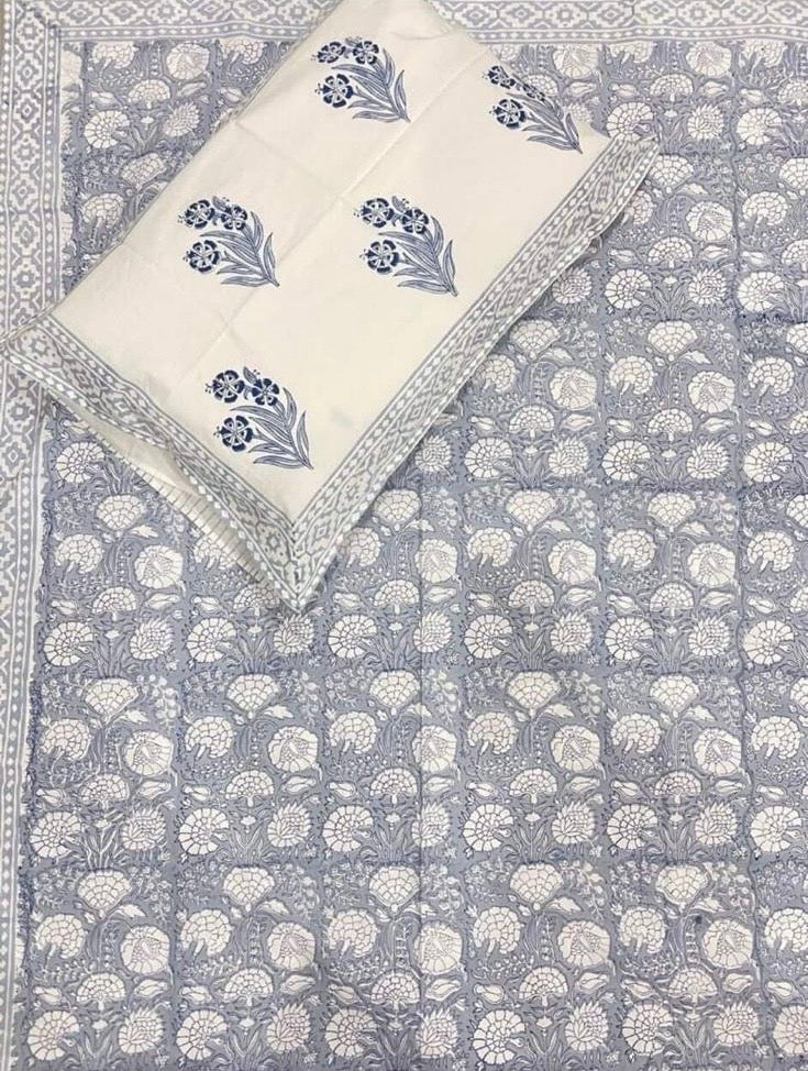 Hand Block Printed Twin Fitted Bedsheet - Silver Blossom Heritage | Gulpankh Canada