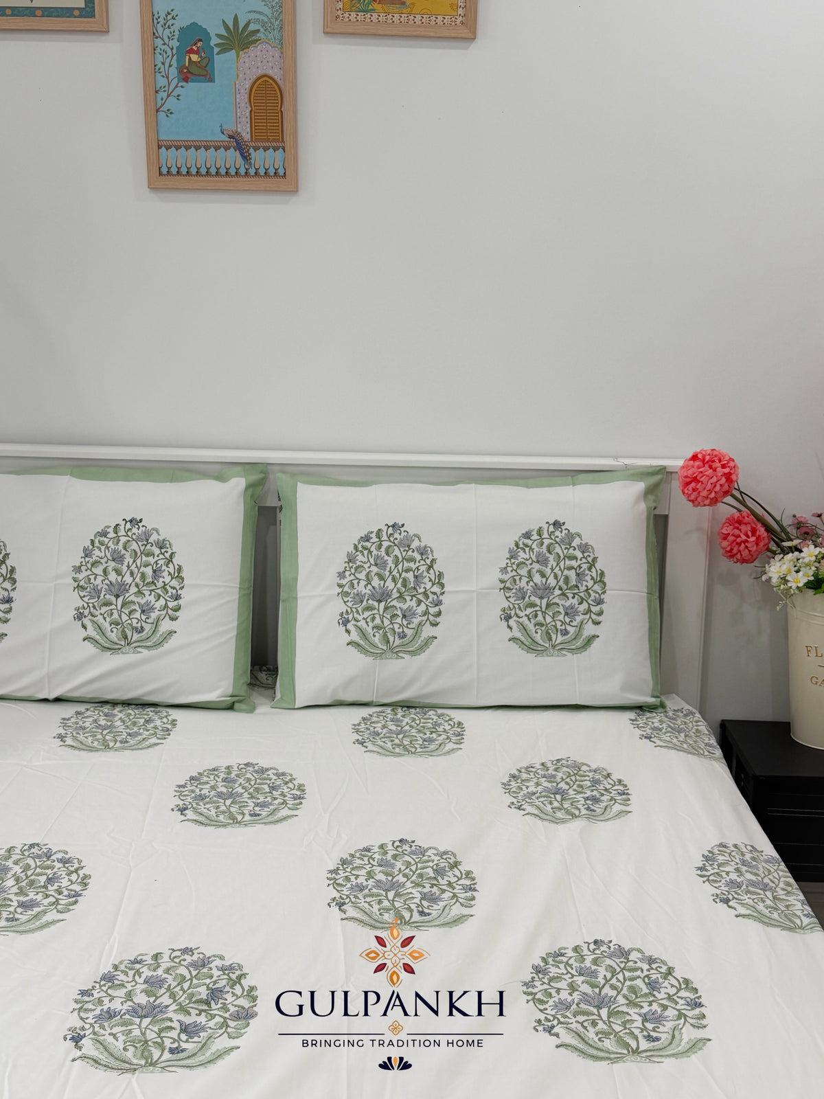 Hand Block Printed King Fitted Bedsheet - Viraasat Bloom Sage | Gulpankh Canada