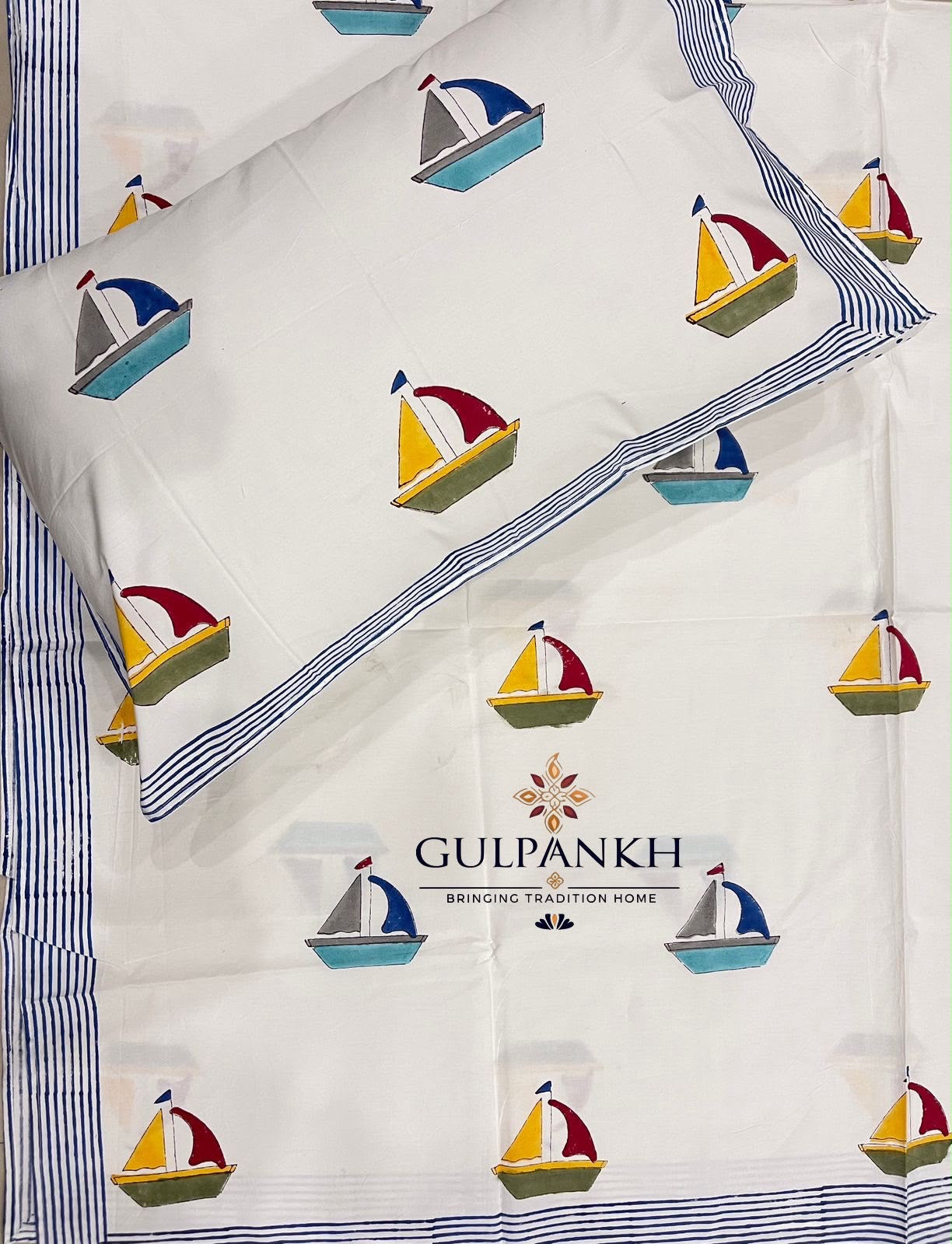 Hand Block Printed Twin Fitted Bedsheet - Little Sailor | Gulpankh Canada