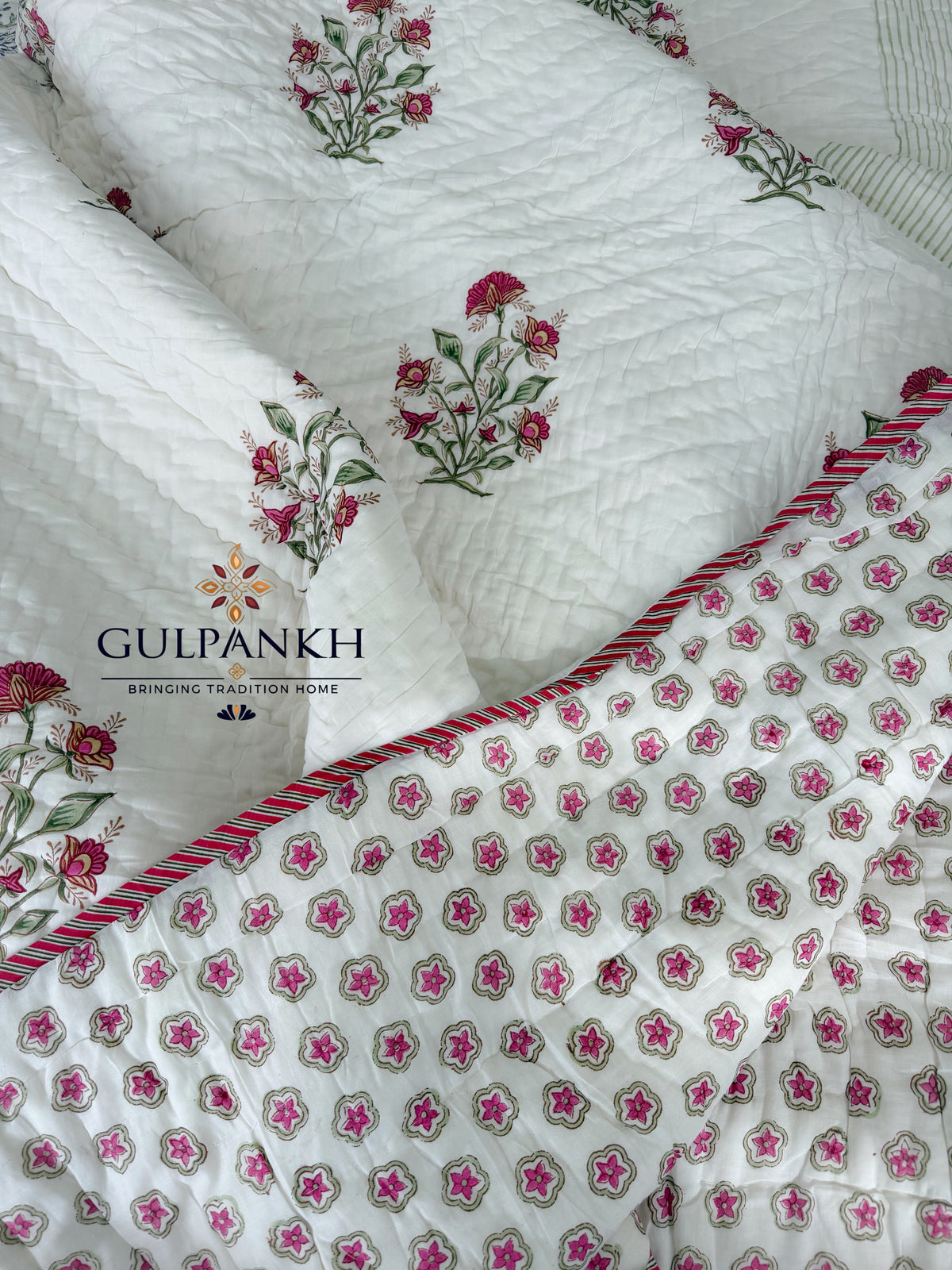 Hand Block Printed Reversible Cotton Quilt - Raspberry Sage Bloom | Gulpankh Canada