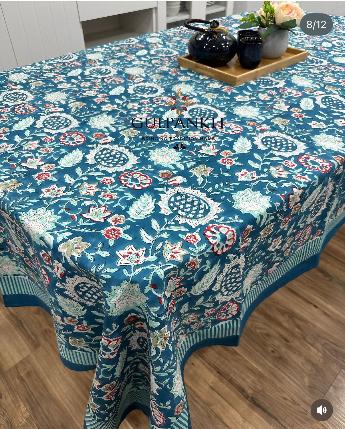 Teal Mughal Garden Hand Block Printed Cotton Tablecloth | Gulpankh Canada