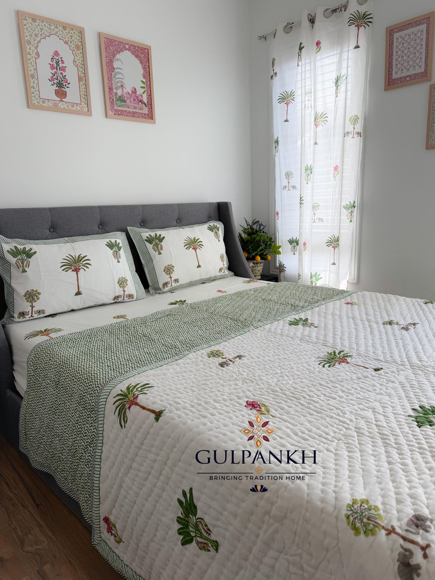 Royal Palm Garden Hand Block Printed Cotton Bedding Set with Quilt | Gulpankh Canada