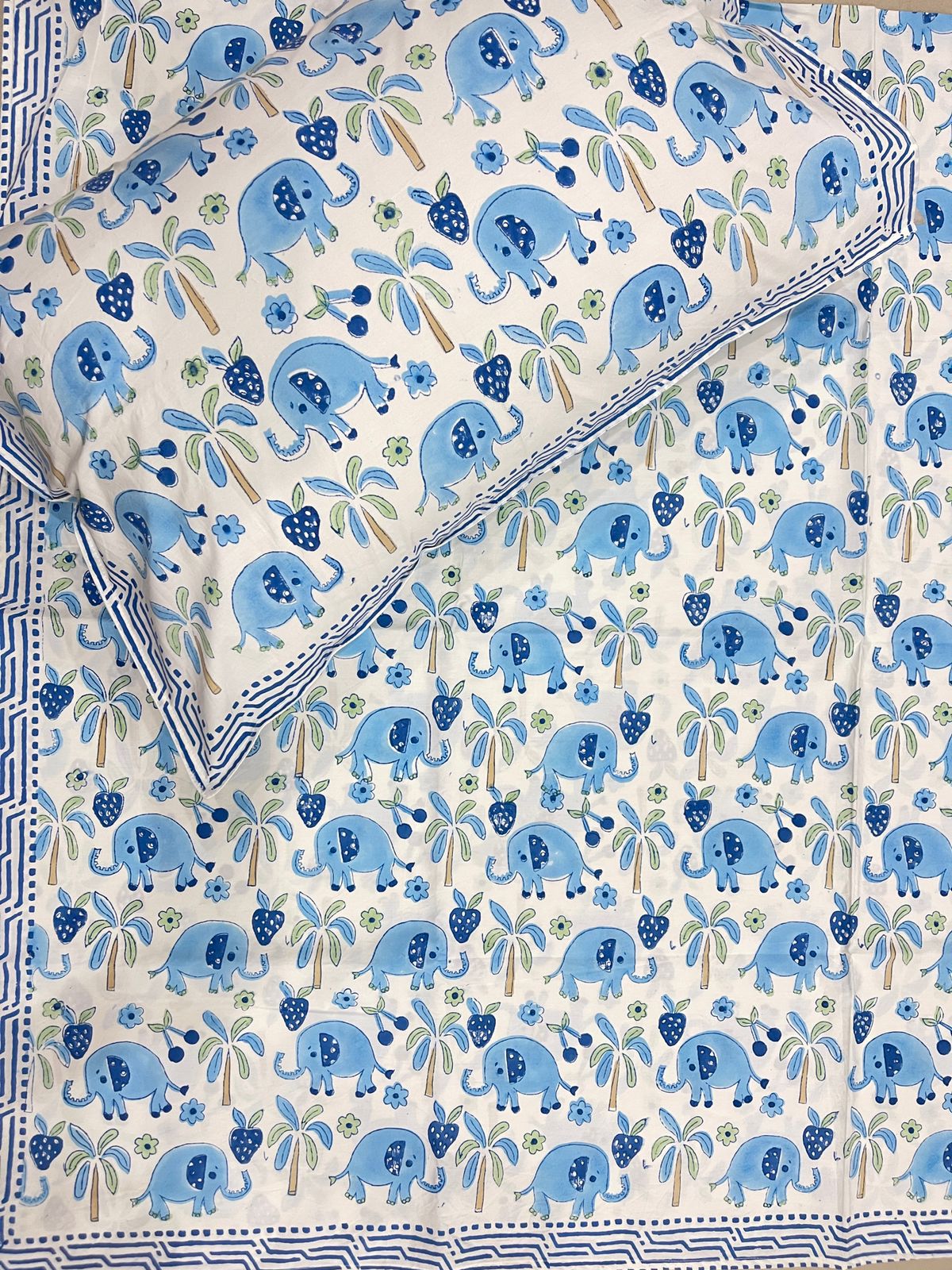 Hand Block Printed Fitted Bedsheet - Little Elephant Parade | Gulpankh Canada