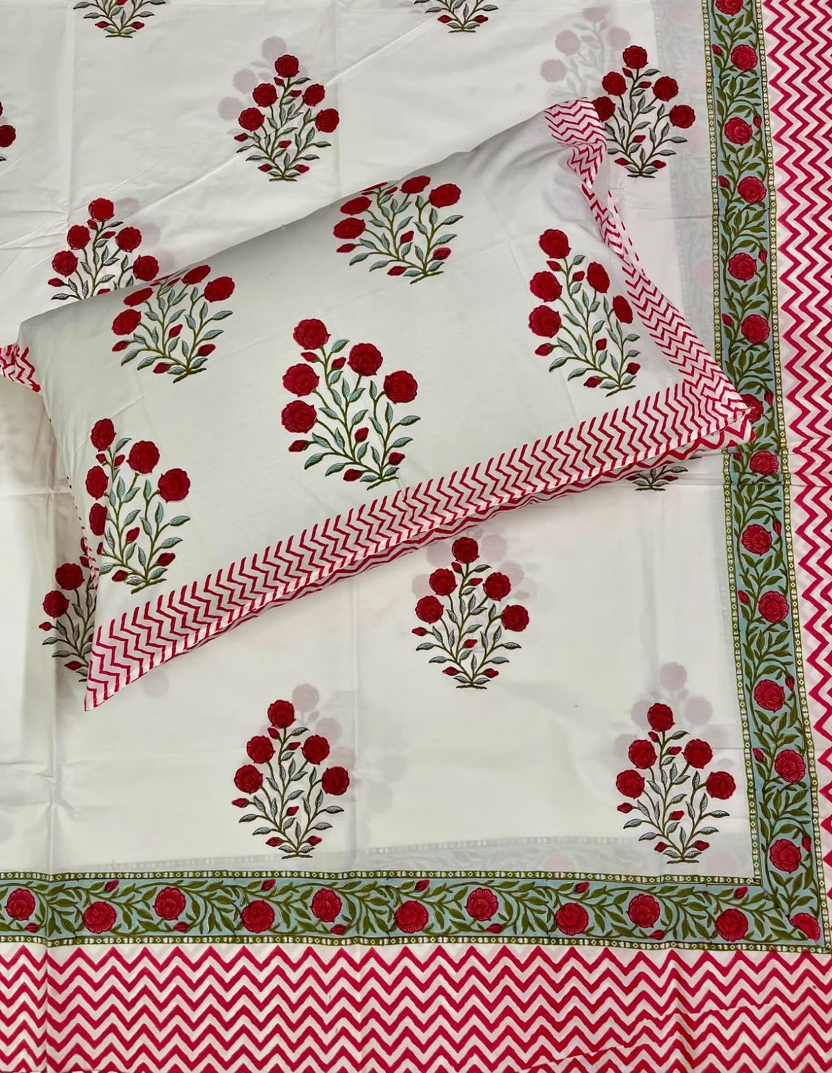 Hand Block Printed 100% Cotton Queen Fitted Bedsheet - Ruby Rose Garden | Gulpankh Canada