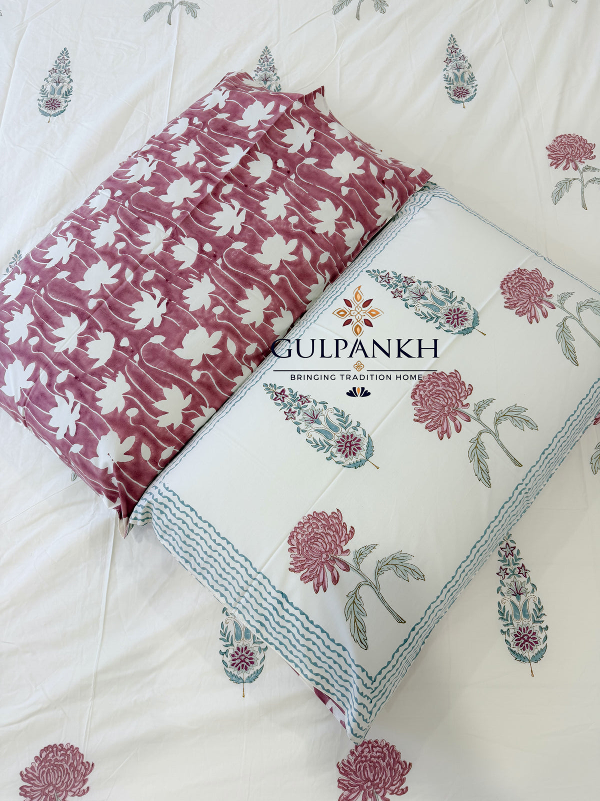 Hand Block Printed Cotton Bedding Set with Quilt - Gulnaar Ivory Bagh | Gulpankh Canada