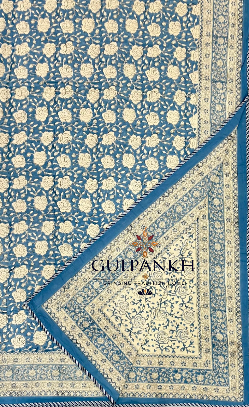 Hand Block Printed Mulmul Cotton Dohar - Neel Gulab Garden | Gulpankh Canada