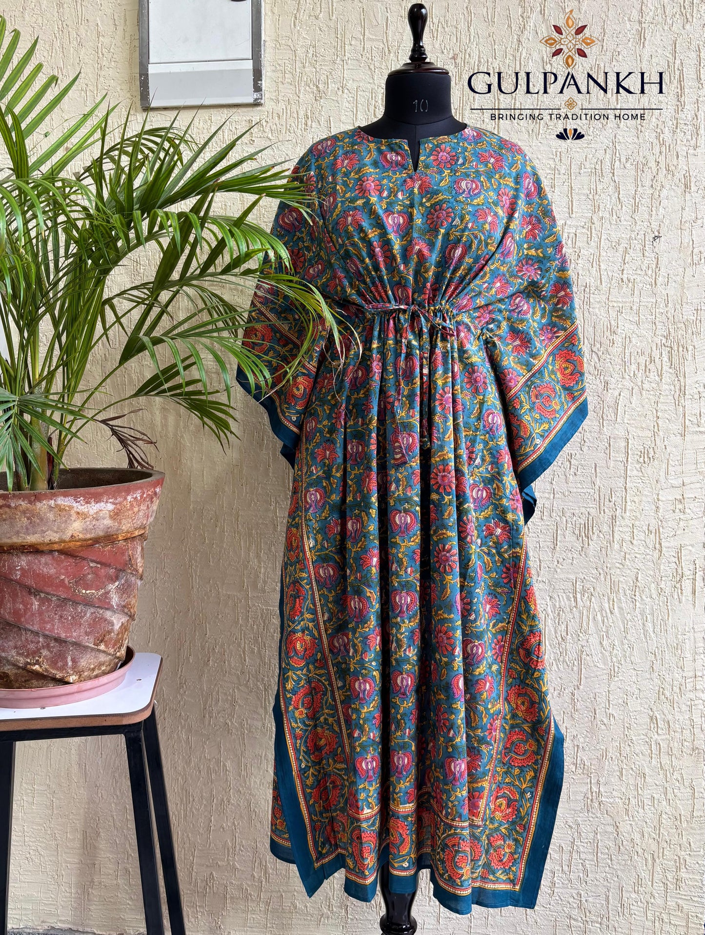 Hand Block Printed Cotton Kaftan – Teal Paisley Royale | Gulpankh Canada