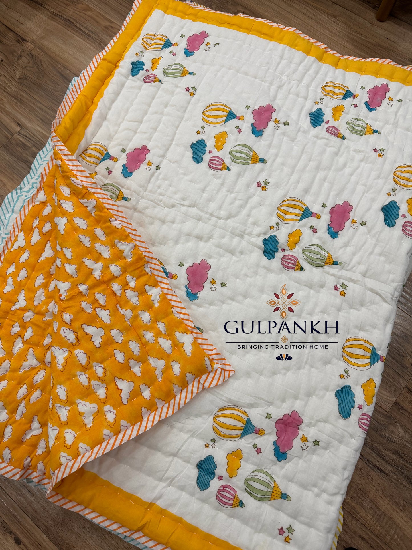 Up in the Clouds Baby Cotton Quilt – Hand Block Printed Baby Bedding | Gulpankh Canada