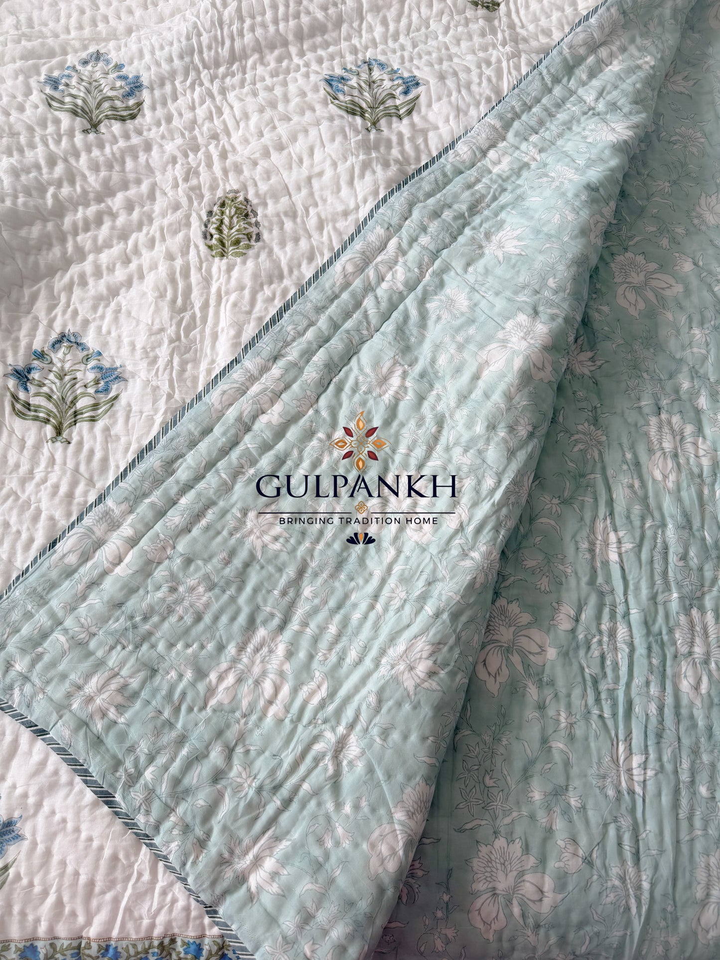 Hand Block Printed Cotton Quilt - Firdaus Bloom | Gulpankh Canada