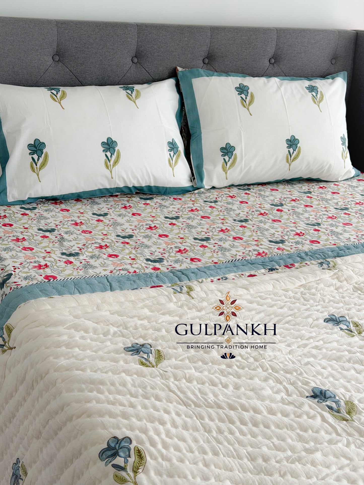 Hand Block Printed Cotton Bedding Set with Quilt - Blue Wildflower Garden | Gulpankh Canada
