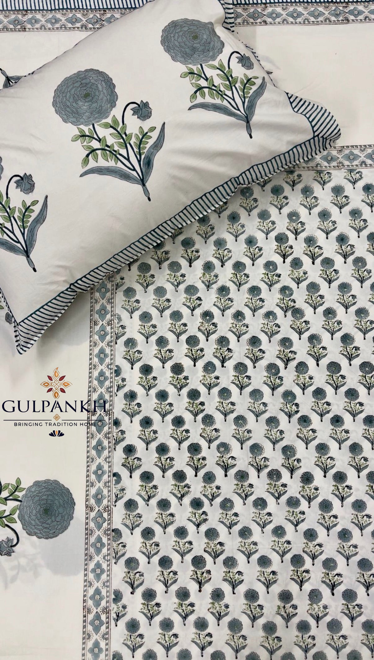 Hand Block Printed Queen Fitted Bedsheet - Misty Blue Gulzar | Gulpankh Canada