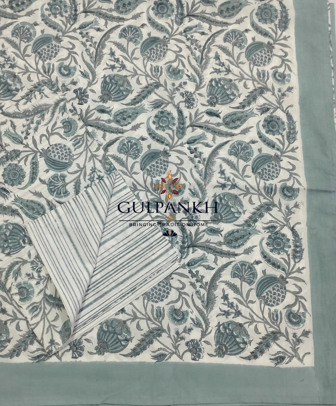 Hand Block Printed 100% Cotton King Fitted Bedsheet – Sage Botanical Vine | Gulpankh Canada