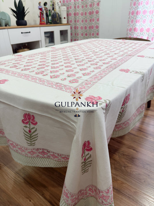 Hand Block Printed Cotton Table Cover - Blush Garden Bloom | Gulpankh Canada