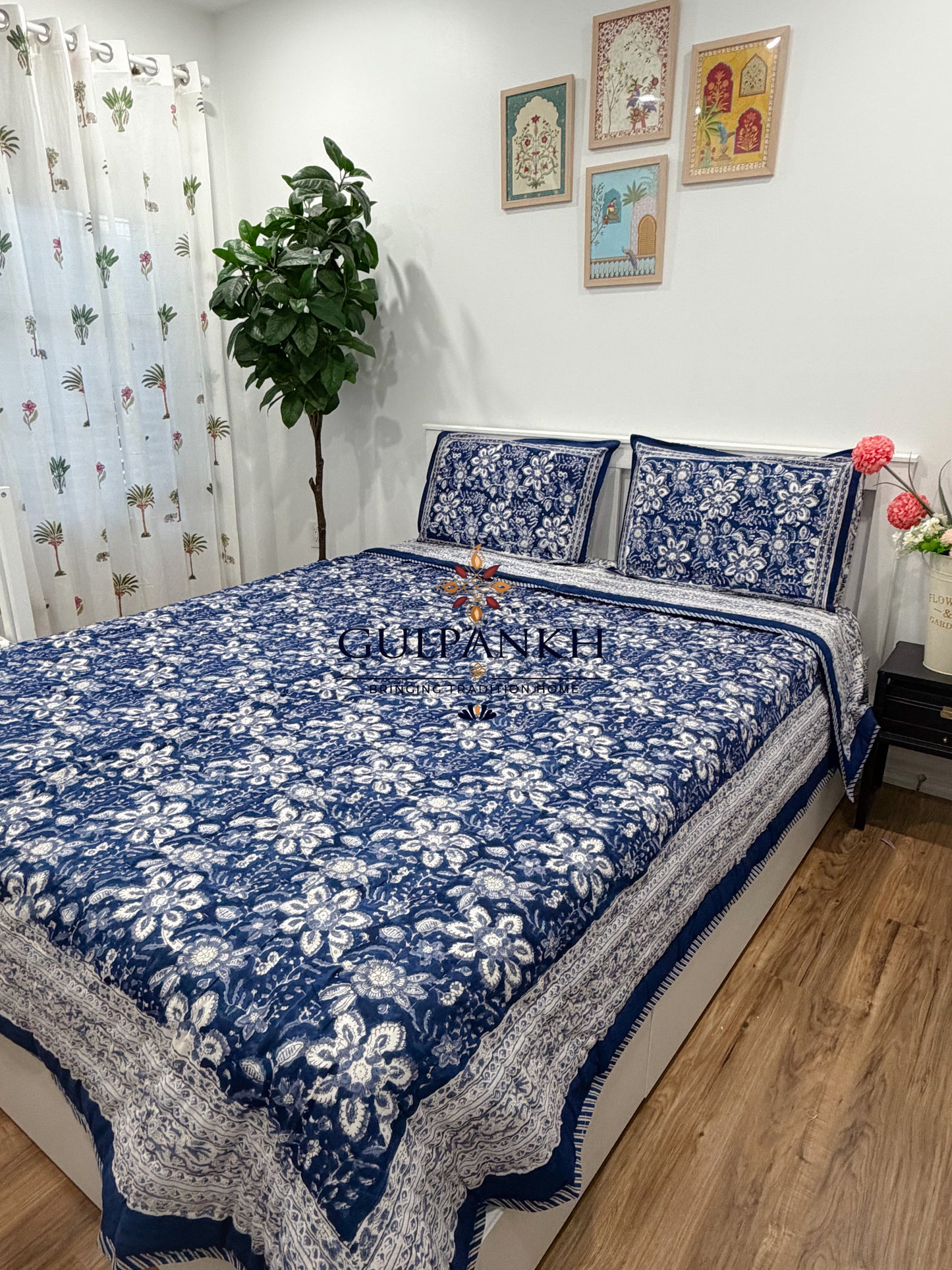 Hand Block Printed Cotton Quilt - Indigo Heritage Bloom | Gulpankh Canada