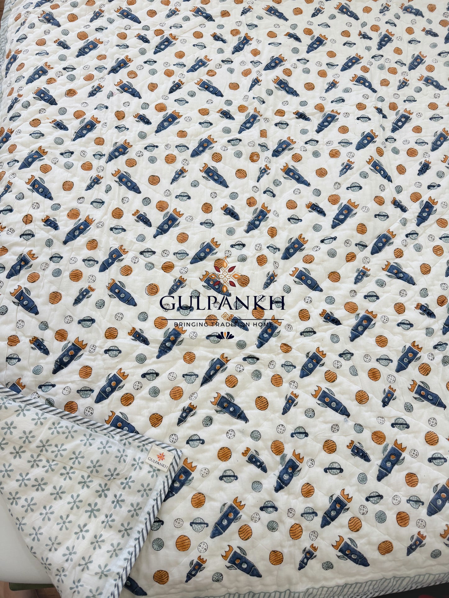 Hand Block Printed Baby Cotton Quilt - Cosmic Rocket Voyage | Gulpankh Canada