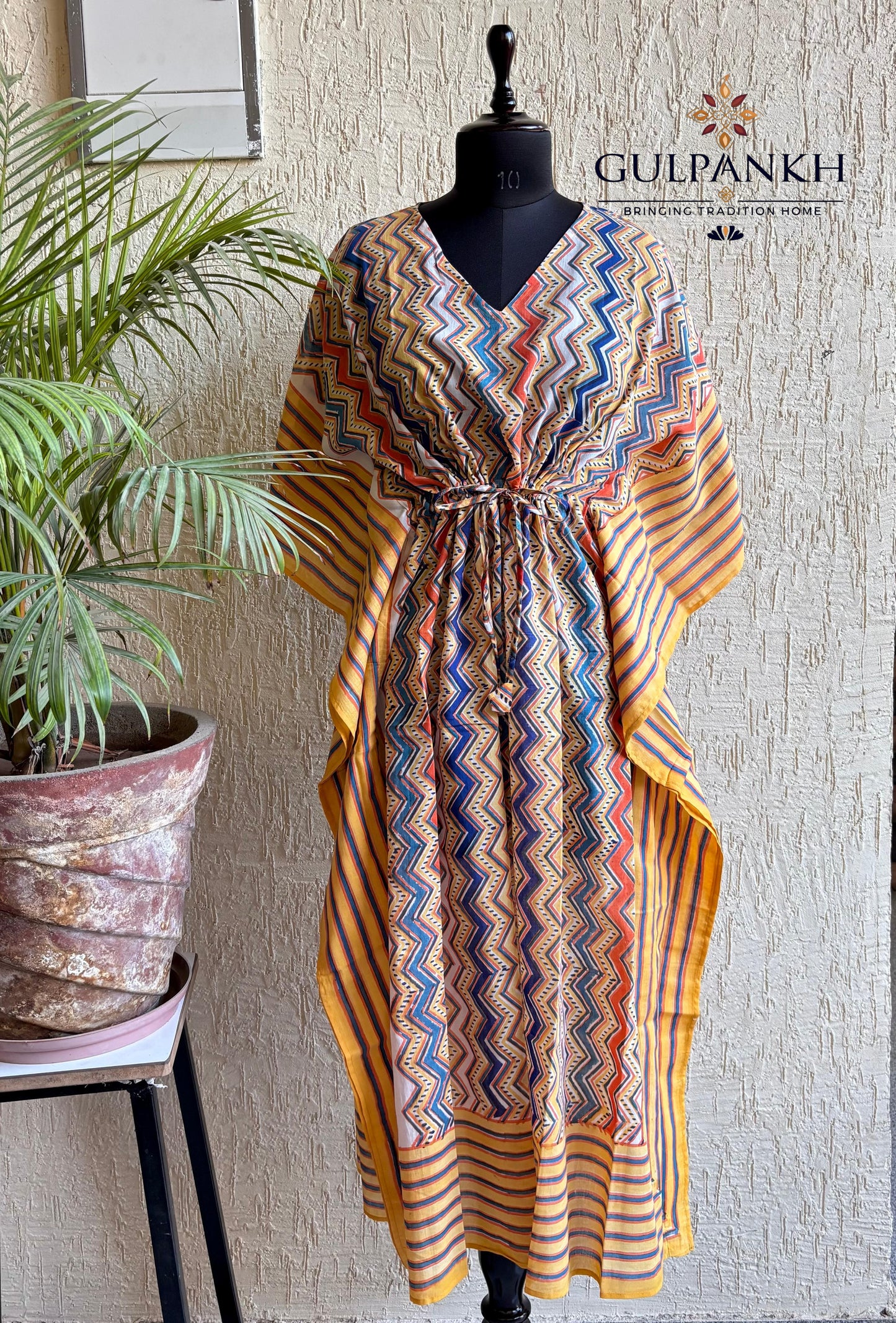 Hand Block Printed Cotton Kaftan – Saffron Chevron Breeze | Gulpankh Canada