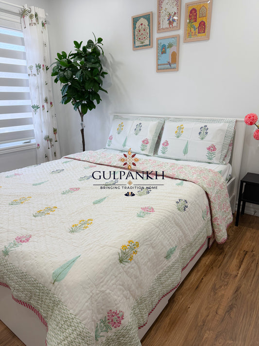 Hand Block Printed Cotton Bedding Set with Quilt - Blush Meadow Bloom | Gulpankh Canada