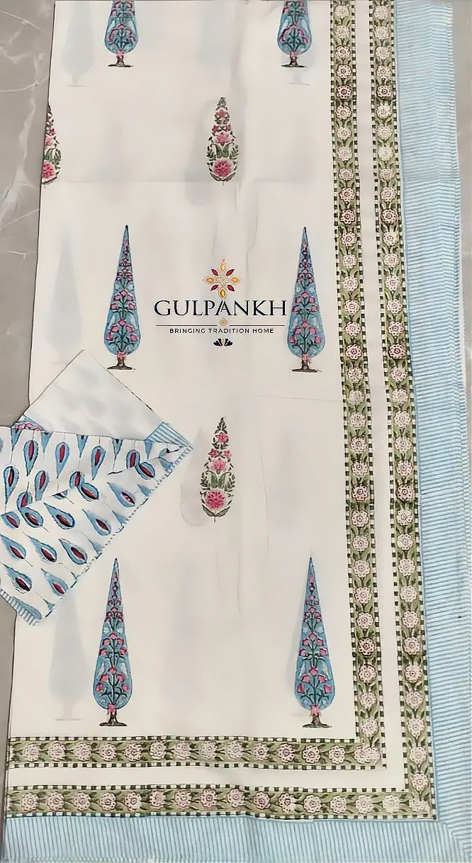 Hand Block Printed King Fitted Bedsheet - Neel Gulmohar | Gulpankh Canada