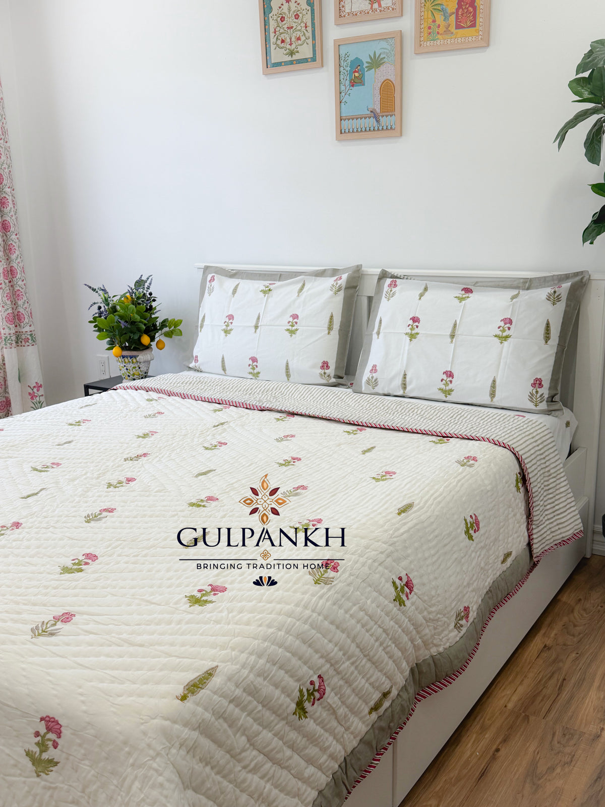 Hand Block Printed Cotton Bedding Queen Set with Quilt - Gulabi Meher Garden | Gulpankh Canada