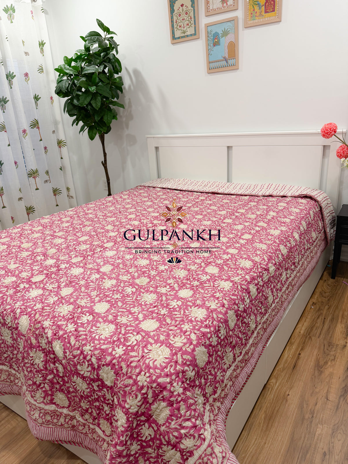 Hand Block Printed Cotton Quilt - Rosé Gulbahar | Gulpankh Canada